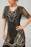 Nero dorato paillettes Aderente 1920s Flapper Dress con Tassles
