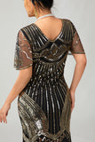Nero dorato paillettes Aderente 1920s Flapper Dress con Tassles