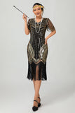 Nero dorato paillettes Aderente 1920s Flapper Dress con Tassles