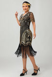 Nero dorato paillettes Aderente 1920s Flapper Dress con Tassles