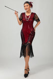 Nero rosso frangiato paillettes 1920s abito con accessori Set