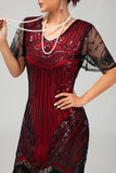 Nero rosso frangiato paillettes 1920s abito con accessori Set