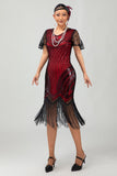Nero dorato paillettes Aderente 1920s Flapper Dress con Tassles
