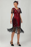 Nero dorato paillettes Aderente 1920s Flapper Dress con Tassles