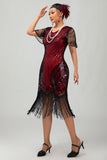 Nero rosso frangiato paillettes 1920s abito con accessori Set
