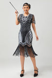 Nero dorato paillettes Aderente 1920s Flapper Dress con Tassles