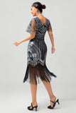 Nero dorato paillettes Aderente 1920s Flapper Dress con Tassles