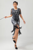 Nero dorato paillettes Aderente 1920s Flapper Dress con Tassles