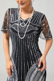 Abito nero argento paillettes scollo a V frangia 1920s con set di accessori da 5 pezzi