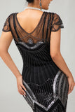 Abito corto anni 1920 con paillettes Gatsby argento nero con frange