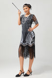 Abito nero argento paillettes scollo a V Bodycon anni 1920 con nappe
