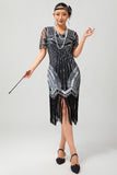 Abito nero argento paillettes scollo a V Bodycon anni 1920 con nappe