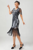 Abito nero argento paillettes scollo a V Bodycon anni 1920 con nappe