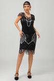Abito corto anni 1920 con paillettes Gatsby argento nero con frange