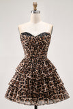 Marrone Leopard A-Line Sweetheart corsetto a strati volant Abito Da Cocktail
