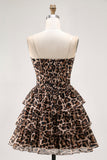 Marrone Leopard A-Line Sweetheart corsetto a strati volant Abito Da Cocktail