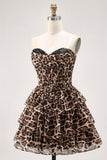 Marrone Leopard A-Line Sweetheart corsetto a strati volant Abito Da Cocktail
