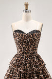 Marrone Leopard A-Line Sweetheart corsetto a strati volant Abito Da Cocktail