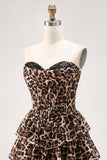 Marrone Leopard A-Line Sweetheart corsetto a strati volant Abito Da Cocktail