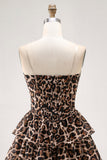 Marrone Leopard A-Line Sweetheart corsetto a strati volant Abito Da Cocktail