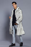 Bianco Grigio Lungo Frontale Aperto Polo Collo Cappotto di Pelliccia