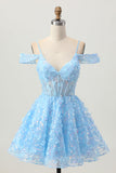 Sparkly paillettes blu A-Line Cold Shoulder Mini Abiti Da Cocktail con schiena scoperta