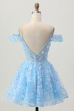 Sparkly paillettes blu A-Line Cold Shoulder Mini Abiti Da Cocktail con schiena scoperta