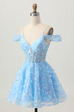Sparkly paillettes blu A-Line Cold Shoulder Mini Abiti Da Cocktail con schiena scoperta