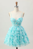 Blu Verde A Line A Line Corsetto Stampa A Strati Mini Abiti Da Cocktail con gonna a balze