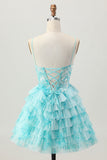 Blu Verde A Line A Line Corsetto Stampa A Strati Mini Abiti Da Cocktail con gonna a balze