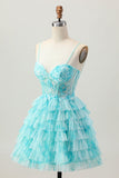 Blu Verde A Line A Line Corsetto Stampa A Strati Mini Abiti Da Cocktail con gonna a balze