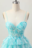 Blu Verde A Line A Line Corsetto Stampa A Strati Mini Abiti Da Cocktail con gonna a balze