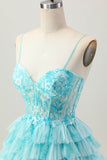 Blu Verde A Line A Line Corsetto Stampa A Strati Mini Abiti Da Cocktail con gonna a balze