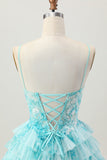 Blu Verde A Line A Line Corsetto Stampa A Strati Mini Abiti Da Cocktail con gonna a balze