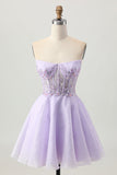 Sparkly A Line senza spalline paillettes Lace Up Back Mini Lilac Abiti Da Cocktail con perline