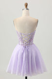 Sparkly A Line senza spalline paillettes Lace Up Back Mini Lilac Abiti Da Cocktail con perline