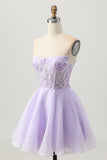 Sparkly A Line senza spalline paillettes Lace Up Back Mini Lilac Abiti Da Cocktail con perline