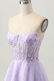Sparkly A Line senza spalline paillettes Lace Up Back Mini Lilac Abiti Da Cocktail con perline