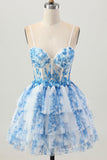 Bianco Blu Fiore A Linea Corsetto A Strati Abito Corto Ritorno A Casa