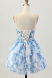Bianco Blu Fiore A Linea Corsetto A Strati Abito Corto Ritorno A Casa