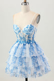 Bianco Blu Fiore A Linea Corsetto A Strati Abito Corto Ritorno A Casa