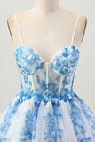 Bianco Blu Fiore A Linea Corsetto A Strati Abito Corto Ritorno A Casa