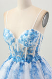 Bianco Blu Fiore A Linea Corsetto A Strati Abito Corto Ritorno A Casa