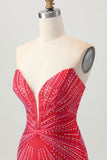 Sparkly Red Beaded corto stretto Abiti Da Cocktail con fessura
