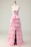 Sweetheart A Line Pink Beaded Tiered Cut Out Abito da ballo lungo con volant