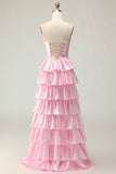 Sweetheart A Line Pink Beaded Tiered Cut Out Abito da ballo lungo con volant
