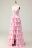 Sweetheart A Line Pink Beaded Tiered Cut Out Abito da ballo lungo con volant
