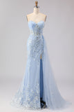 Corsetto Blue Mermaid Sweetheart con perline e paillettes Abito lungo da cerimonia con fessura