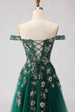 Corsetto A Verde Scuro A  Shoulder Scoperto Abito da Cerimonia lungo con paillettes