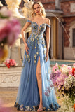 Corsetto con blu grigio spalle scoperte con applique una linea lunga con paillettes abito da ballo lungo